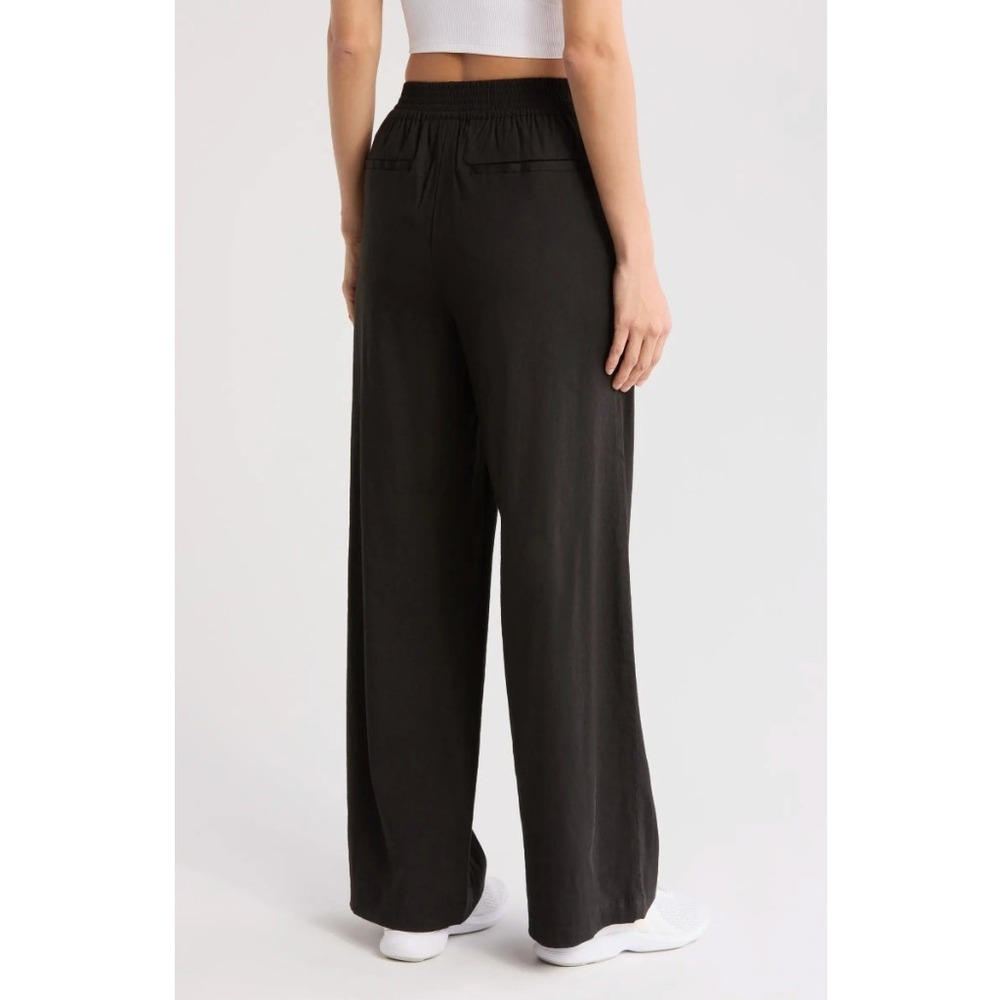 Sweaty Betty Black Stretch Wide Leg Linen Blend Pants Relaxed Fit Smocked Waist - Picture 2 of 10